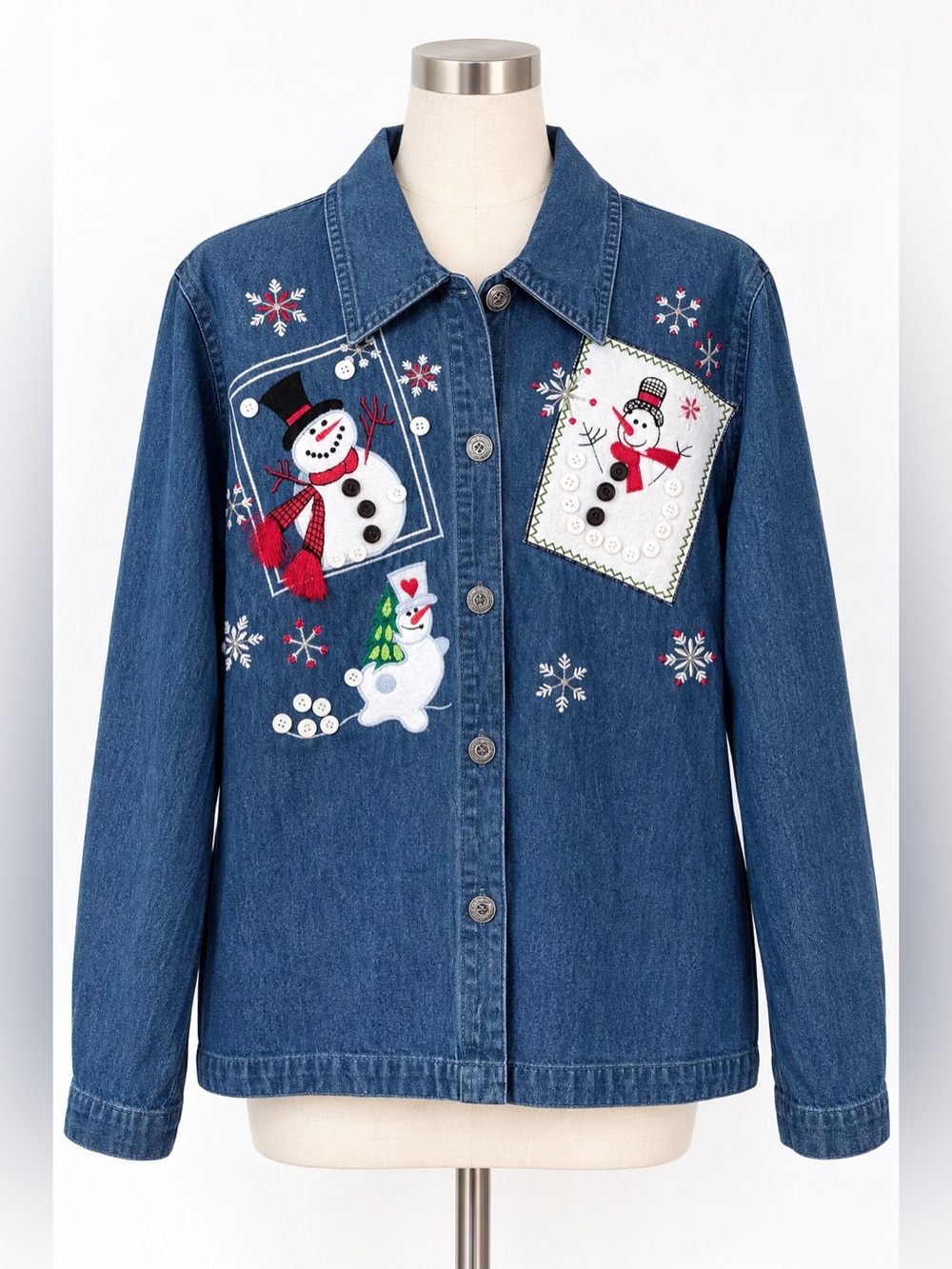 Keren Hart Women M Denim Jacket Snowman Christmas Holiday Embroidered Vintage